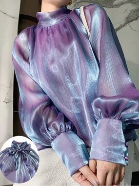 Iridescent Purple Blue High-Neck Satin Blouse